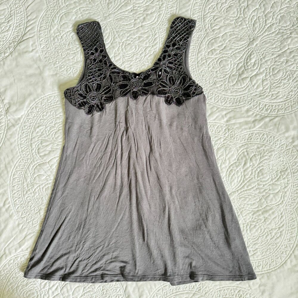 Y2K Body Central Tank Top Beading Floral Embroidered Glam Black And Gray